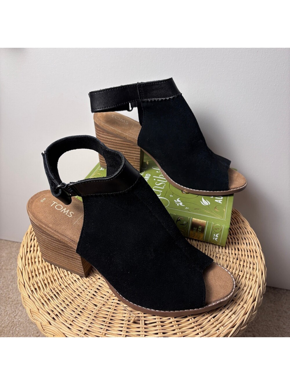 Like New Toms Black Faux Suede Heels 8 - Picture 2 of 7
